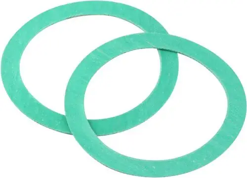 Zwei grüne Dichtungen von Bosch in Ringform, geeignet für verschiedene Anwendungen. Sie sind flach und haben einen gleichmäßigen Rand.
